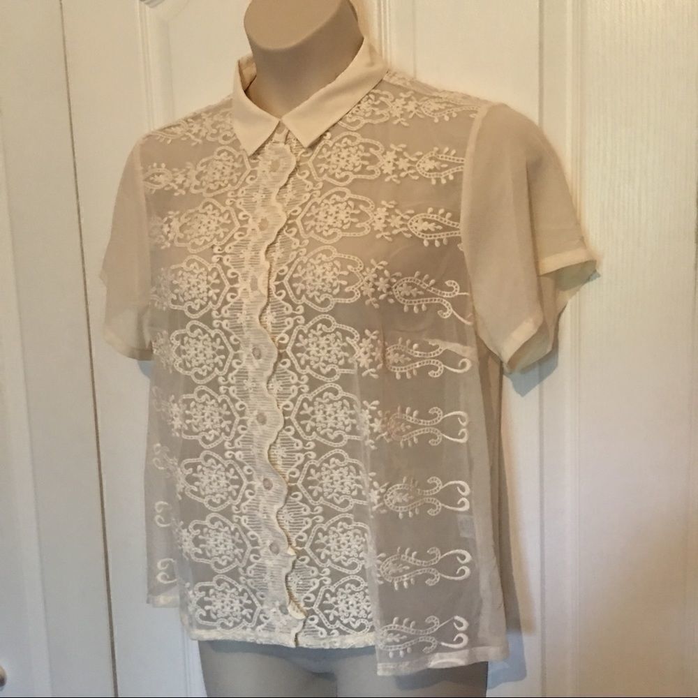 Ivory Lace‎ Sheer Button Blouse NWOT